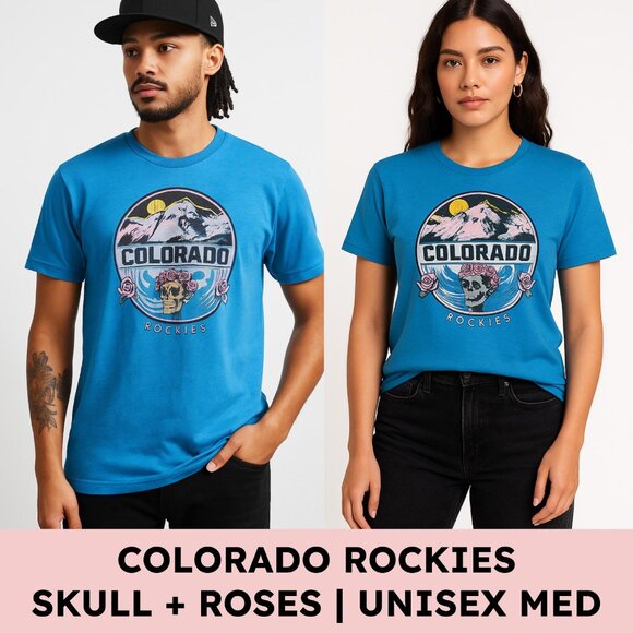 District V.I.T. Colorado Rockies Graphic Tee Skull & Roses Aqua Blue M - Picture 1 of 11
